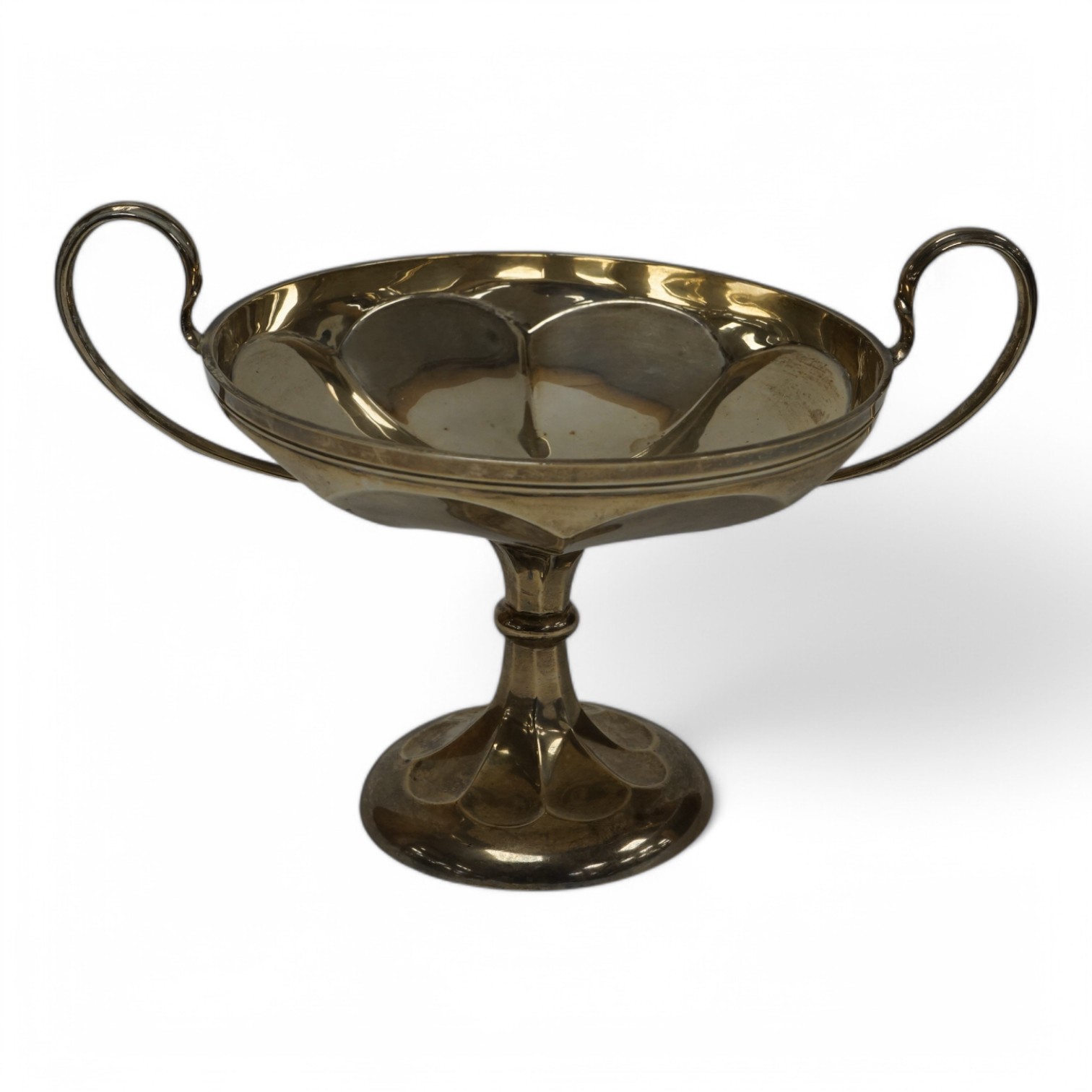 A George V silver two handled tazze, by Elkington & Co, Birmingham, 1919, height 16.7cm, 11.9oz. Condition - poor to fair